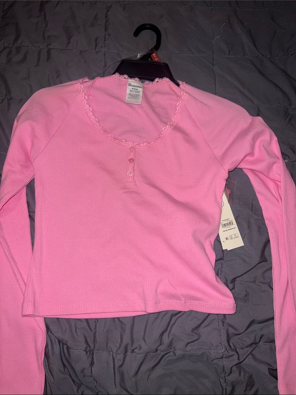 Pink Lace-Trim Henley Long Sleeve Top